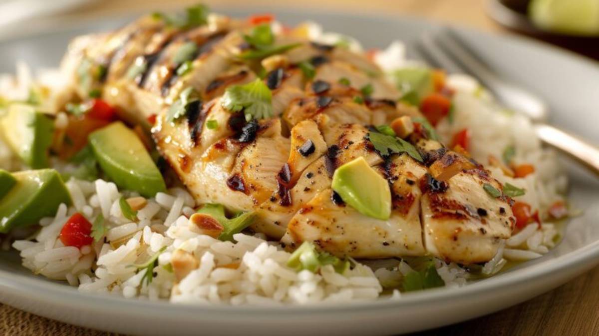 Grilled chicken breast garnished with herbs served over fluffy rice and colorful vegetables on a light blue plate.