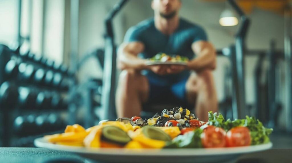 A vibrant plate of fresh vegetables, fruits, and legumes sits in the foreground, while a person holds a salad in a gym setting.
