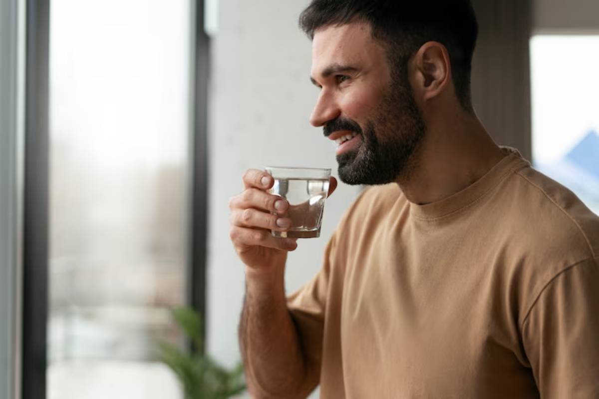 A person holding a clear glass of water while standing by a large window with natural light and a hint of greenery in the background.