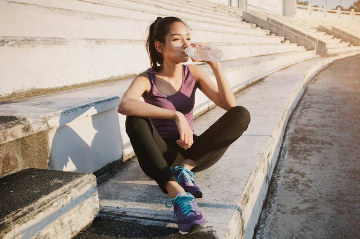 A woman in athletic attire sits on stadium steps, sipping water after a workout, basking in warm sunlight.