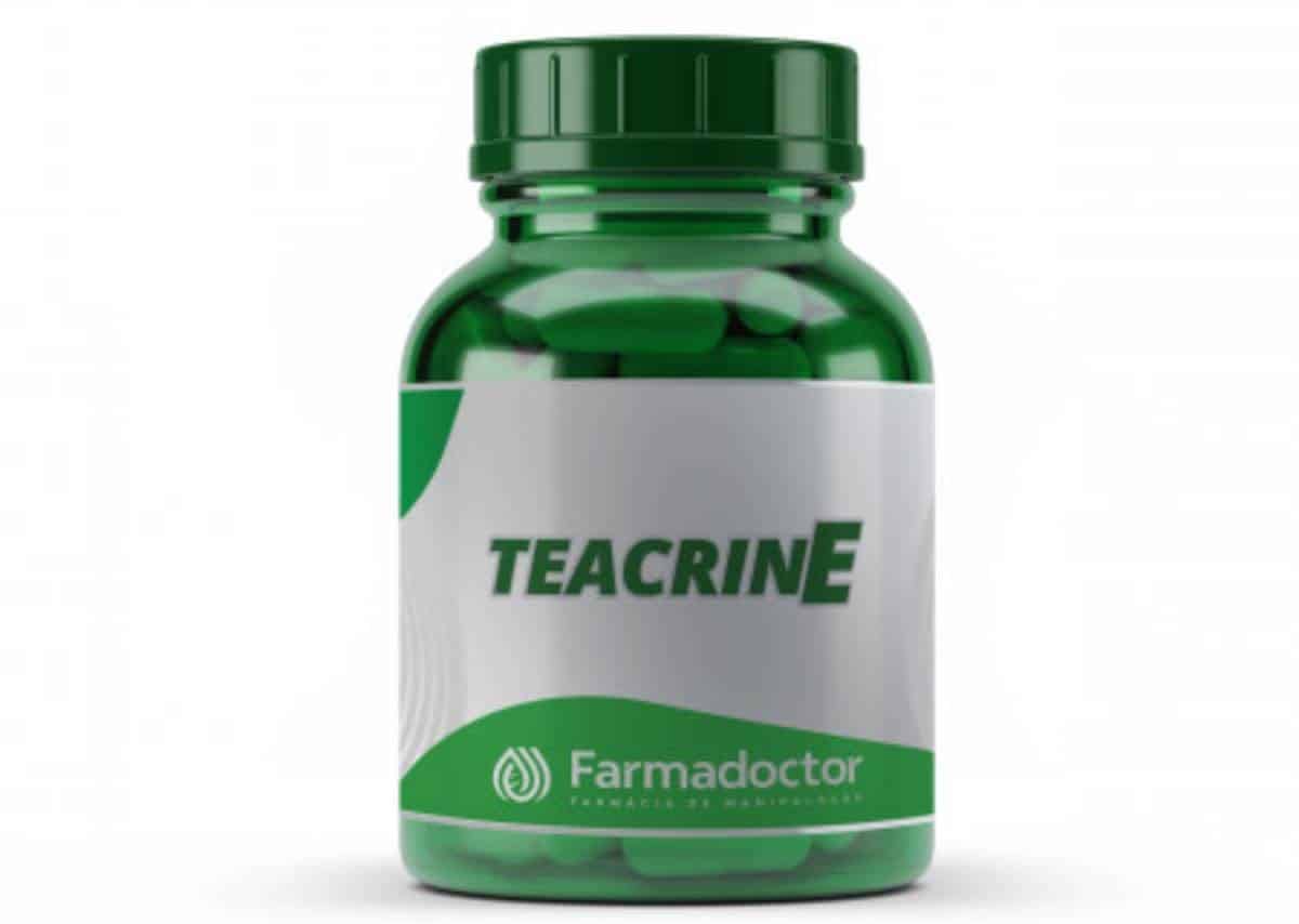 Green bottle of Teacrine dietary supplement with a white label featuring  showcasing green capsules inside.