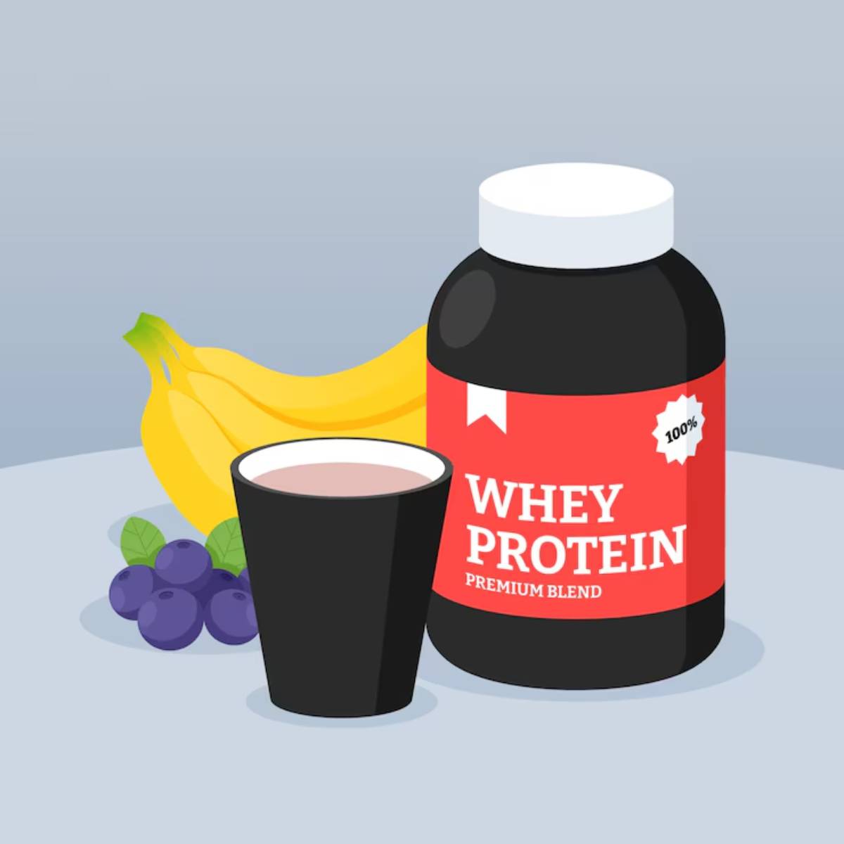 A jar of whey protein powder and a glass of protein shake, with bananas and blueberries on a table.