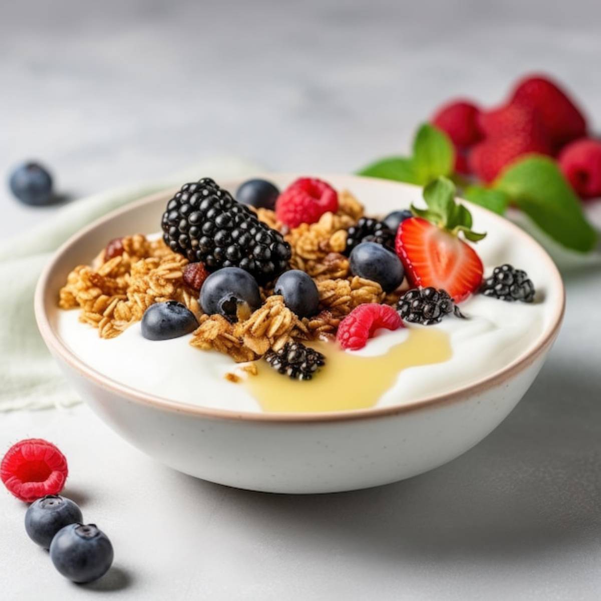 A bowl of yogurt topped with granola, blueberries, blackberries, strawberries, and raspberries, drizzled with honey.
