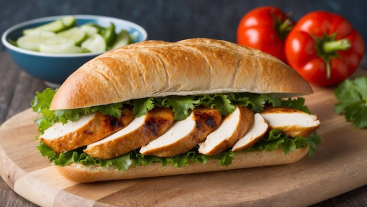 A freshly made sandwich with sliced grilled chicken, lettuce, and herbs in a crusty roll, accompanied by fresh tomatoes and cucumber.