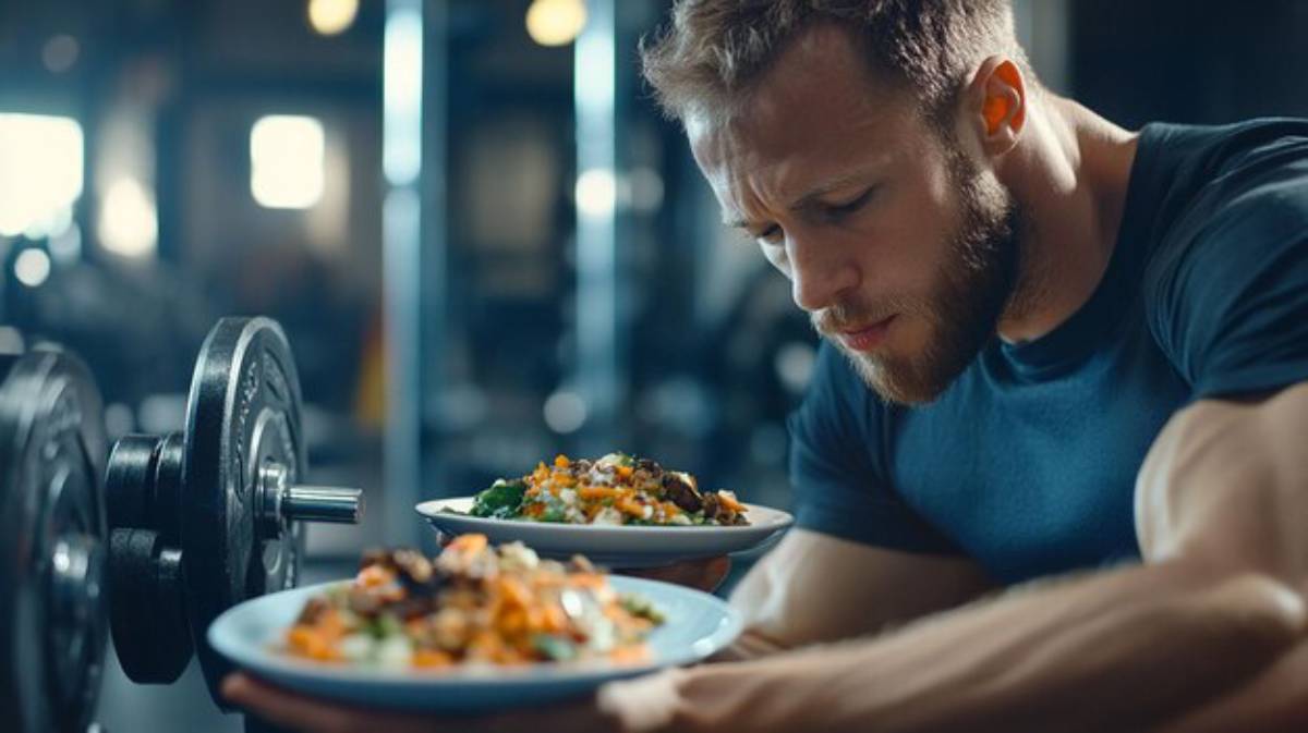 A muscular individual holds two plates of colorful, nutritious food in a gym setting, with weights in the foreground.